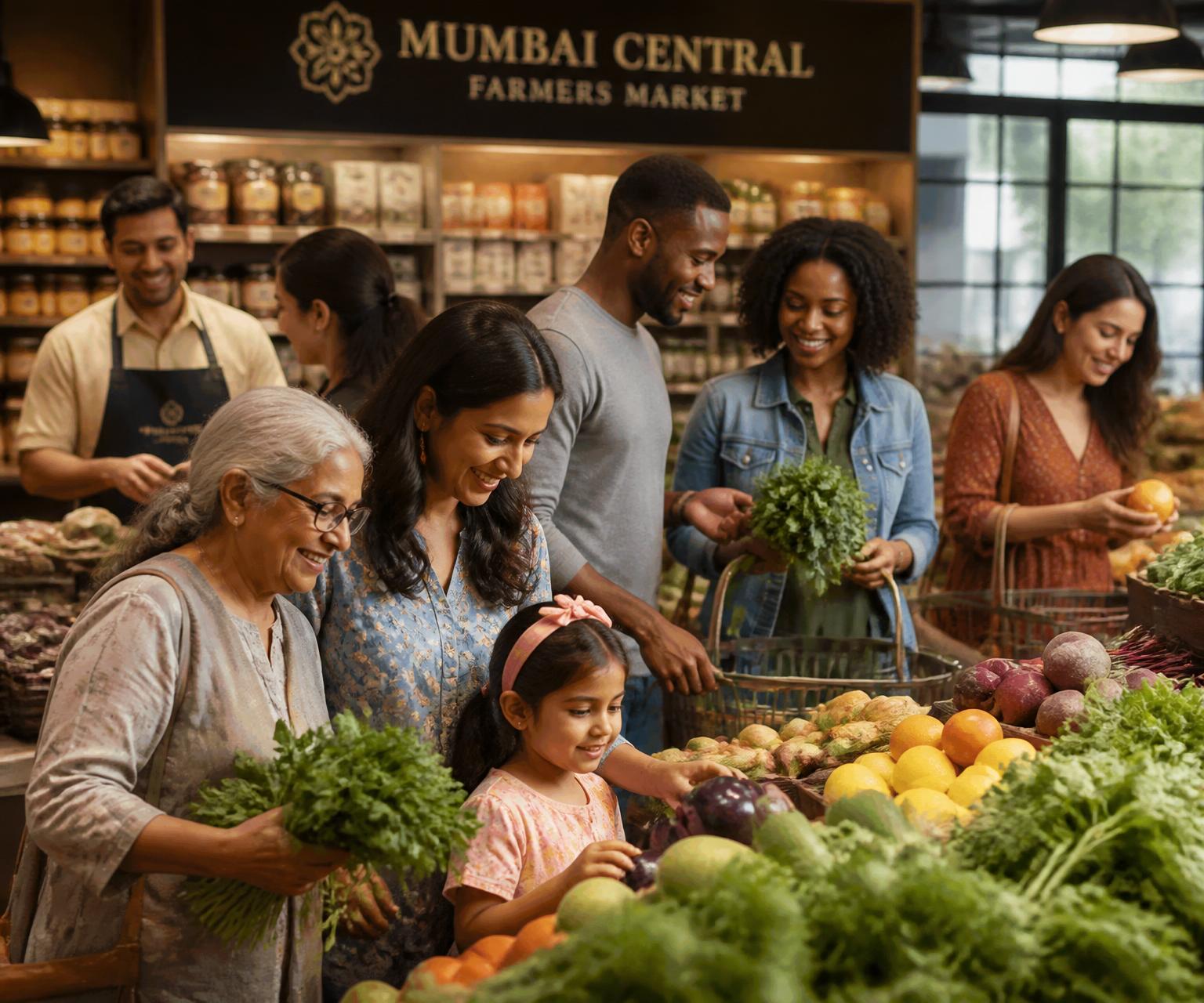 Multigenerational, multicultural families shopping fresh produce together at Mumbai Central Farmers Market